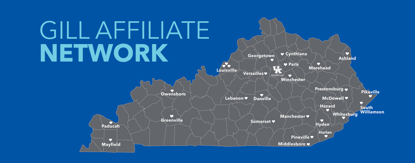 A map of Kentucky showing Gill Affiliate Network locations across the state. 
