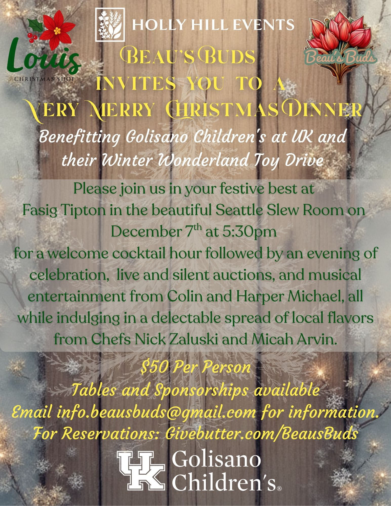 Celebrate the season at Beau's Buds Very Merry Christmas Dinner on December 7th at 5:30pm at Fasig Tipton! This festive evening benefits Golisano Children's at UK and Winter Wonderland, featuring cocktails, dinner, live and silent auctions, and musical entertainment. Tickets are $50 per person. Tables and sponsorships available. Reserve at givebutter.com/BeausBuds or email info.beausbuds@gmail.com for more information.