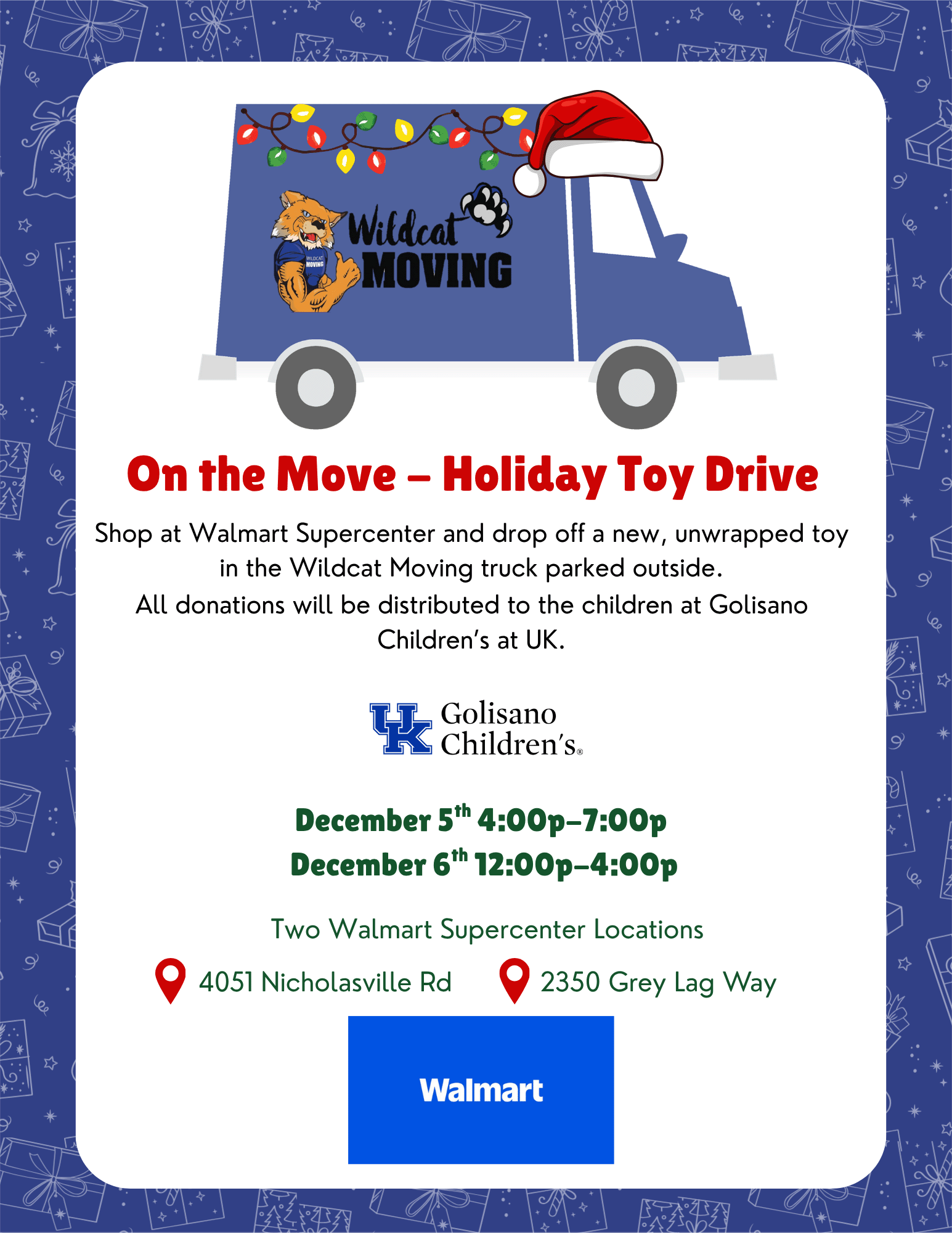 Wildcat Moving and Walmart are partnering for a toy drive to benefit Golisano Children's at UK! Stop by either Walmart Supercenter location on December 5th (4-7pm) or December 6th (12-7pm) to drop off new, unwrapped toys in the Wildcat Moving truck parked outside. All donations support our Winter Wonderland event, helping families celebrate the holidays together.