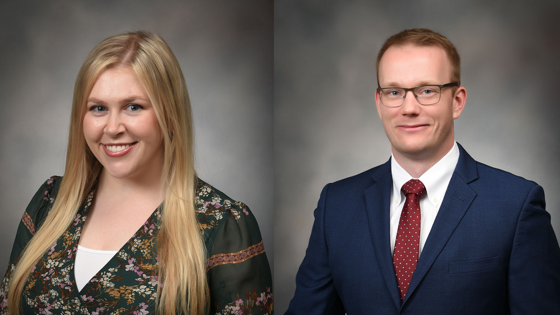 Left: Dr. Courtney Couch, posed for a photo wearing a patterned top. Right: Dr. Garrett Oberst, wearing a blue jacket posed for a photo.