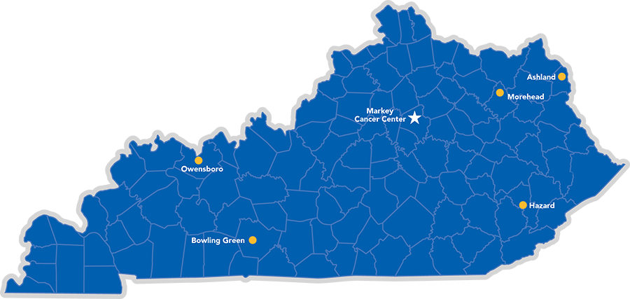 Markey Cancer Network map of Kentucky identifying the locations.
