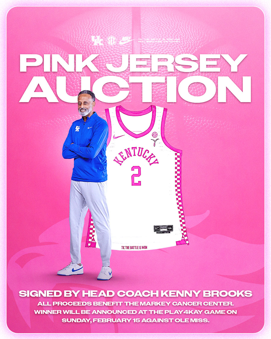 Pink Jersey Auction Graphic featuring Kenny Brooks and a pink and white Kentucky Number 2 jersey, superimposed over a pink background. Text reads - Pink Jersey Auction signed by Head Coach Kenny Brooks all proceeds benefit the Markey Cancer Center. Winner will be announced at the Play4Kay Game on Sunday, Feb. 15 against Ole Miss.