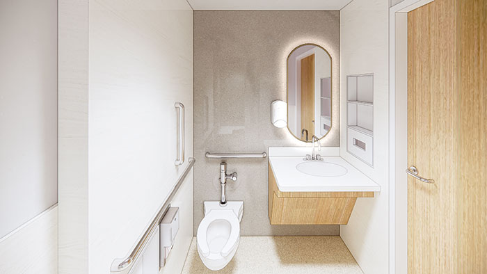 A rendering of a future restroom in the UK Birthing Center
