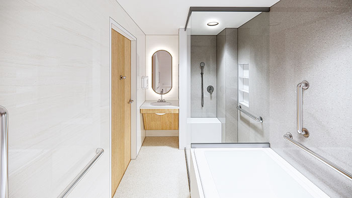 A rendering of a future restroom in the UK Birthing Center