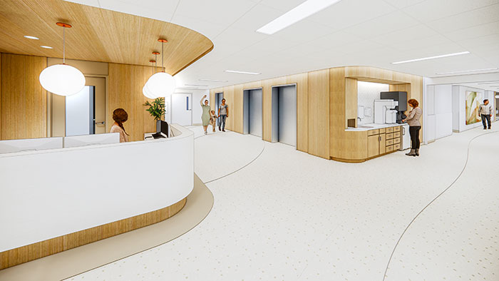 A rendering of the future elevator lobby for the UK Birthing Center