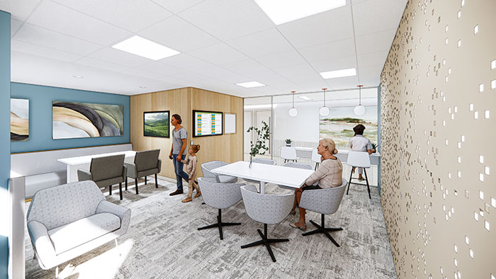 A rendering of the future Family Waiting Area for the UK Birthing Center