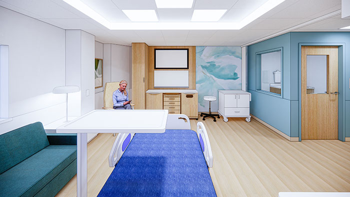 A rendering of a future labor & delivery room in the UK Birthing Center
