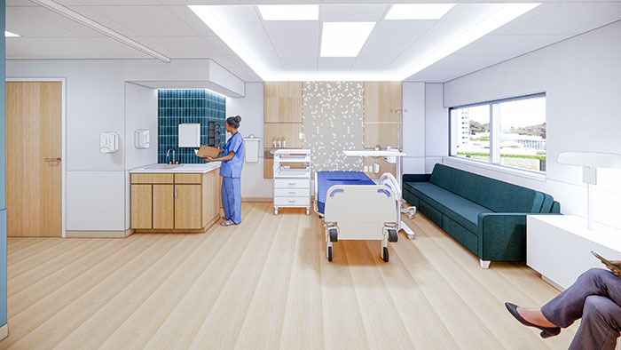 A rendering of a future labor & delivery room in the UK Birthing Center