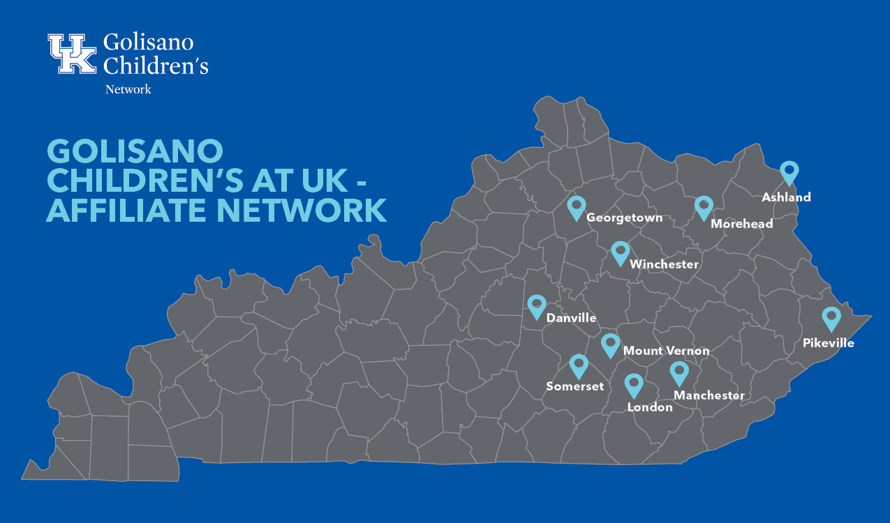 A map of Kentucky showing Golisano Children's at UK - Affiliate Network locations across the state. 