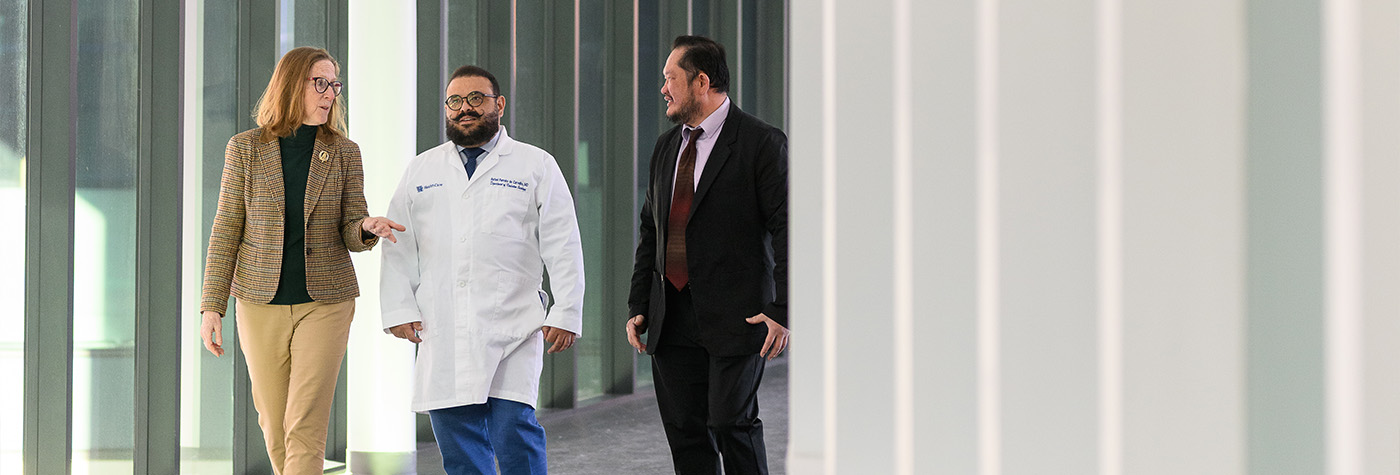 Susanne Arnold, MD (left), and Eddy Yang, MD, PhD (right), were mentors to Rafael Ferreira de Carvalho, MD (center), throughout the Markey Clinical Trials Bootcamp.