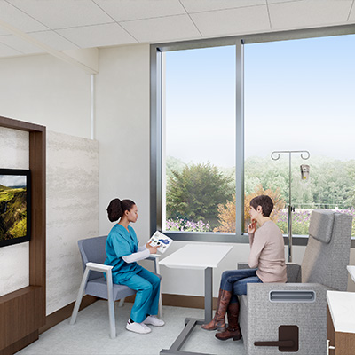 Maximizing natural light in public and patient spaces can enhance the sense of well-being for patients and staff. Rendering by HGA Architects