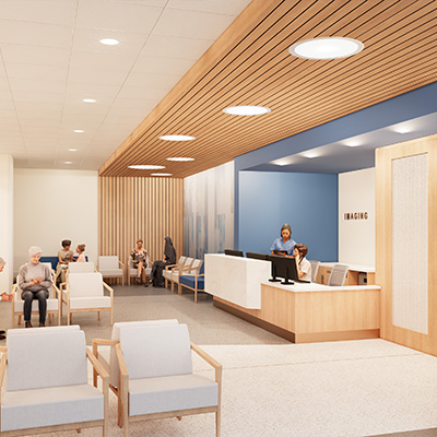 Warm tones throughout will promote feelings of calm in waiting areas. Rendering by HGA Architects