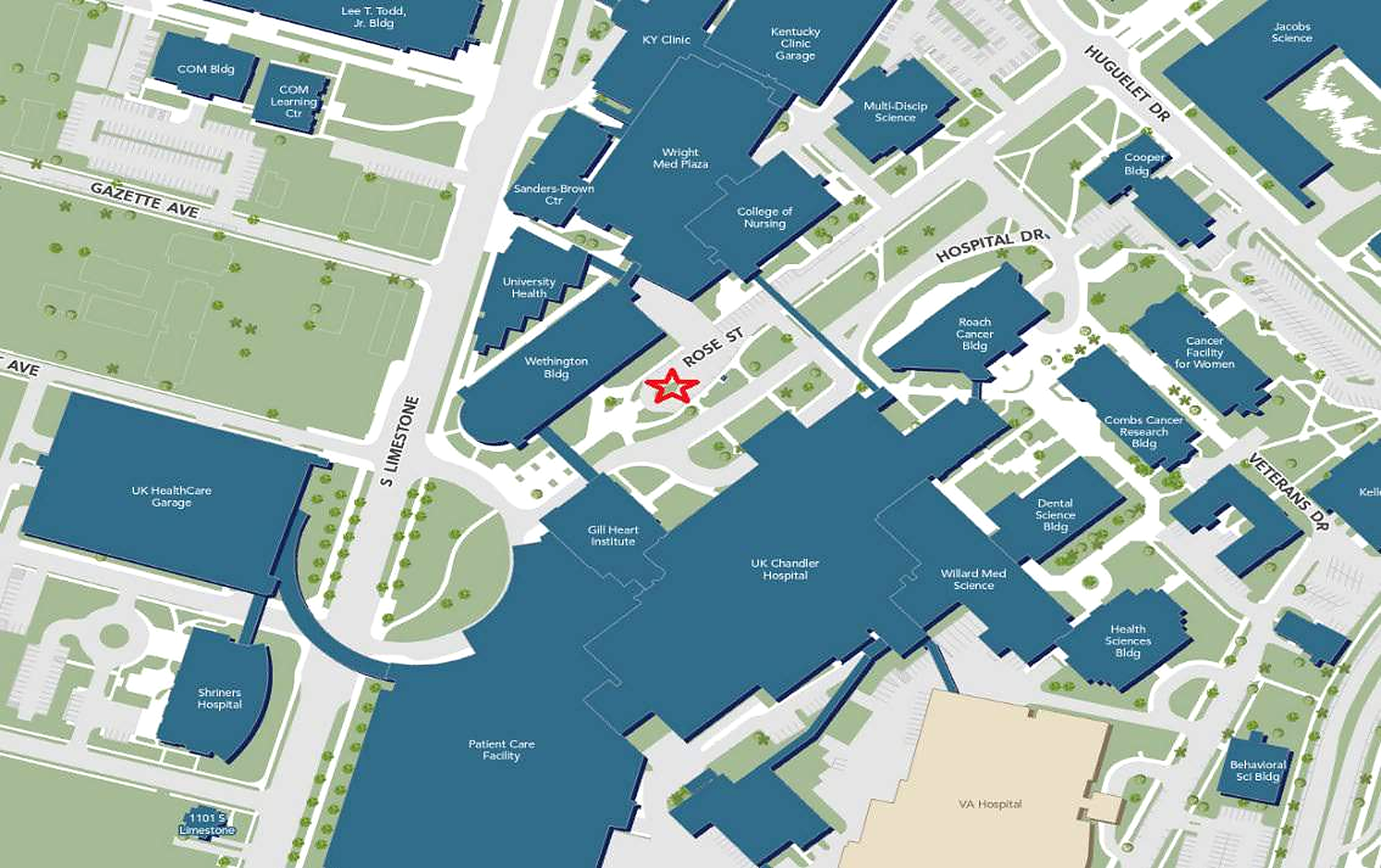 Map of the UK HealthCare main campus. Buildings labeled include UK Chandler Hospital, Kentucky Clinic, Gill Heart Institute, and the Wethington Building. A red star marks the 15-minute parking area in the Rose Street loop next to the Charles T. Wethington Building, designated for delivery personnel.