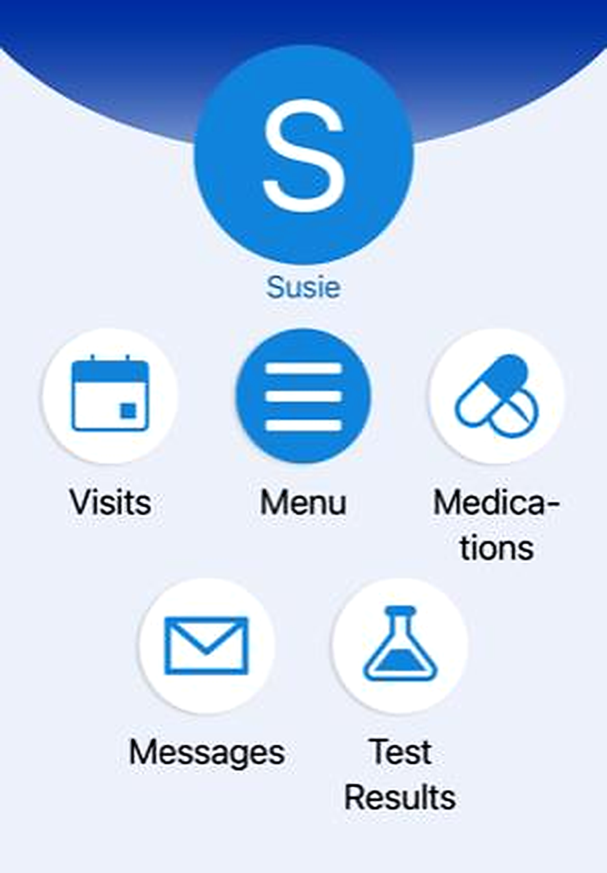 A mobile app home screen showing a circular blue avatar with a large white letter “S” and the name “Susie” beneath it. Below are six rounded icon buttons arranged in two rows. The top row includes icons labeled “Visits,” “Menu,” and “Medications.” The bottom row includes icons labeled “Messages” and “Test Results.” The icons use simple blue graphics such as a calendar, three horizontal lines, pills, an envelope, and a laboratory flask.