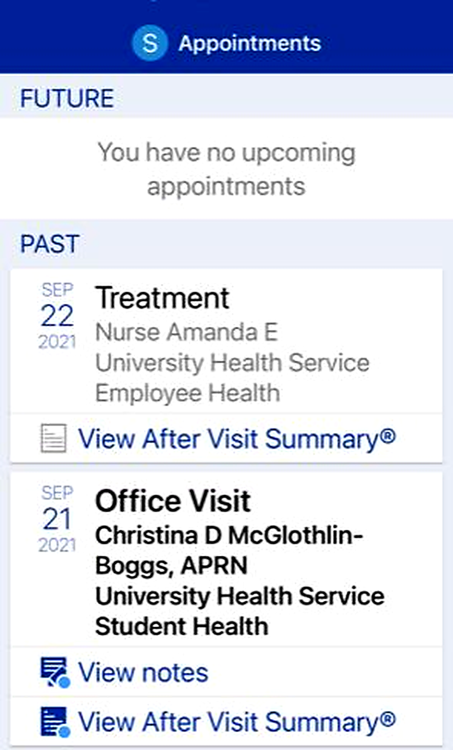 A mobile app screen titled “Appointments.” The Future section states there are no upcoming appointments. The Past section shows two visits: a Sept 22, 2021 treatment visit with options to view the After Visit Summary, and a Sept 21, 2021 office visit with options to view notes and the After Visit Summary.
