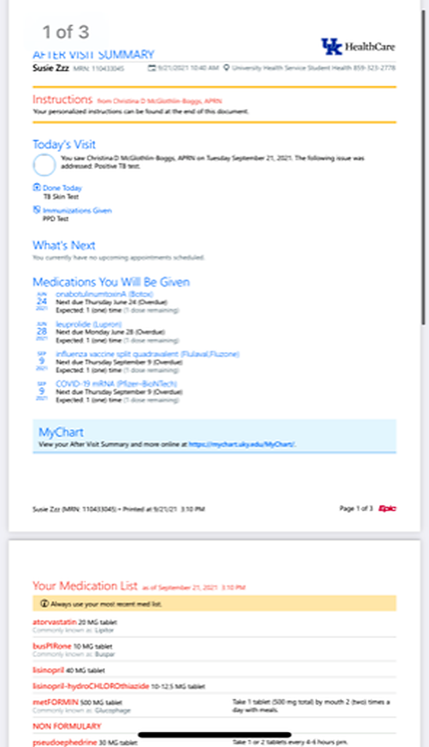 A screenshot of an After Visit Summary showing instructions, details from a visit for a positive TB test, items done today, no upcoming appointments, and a list of medications to be given. A MyChart box appears at the bottom, and the next page begins with a medication list.