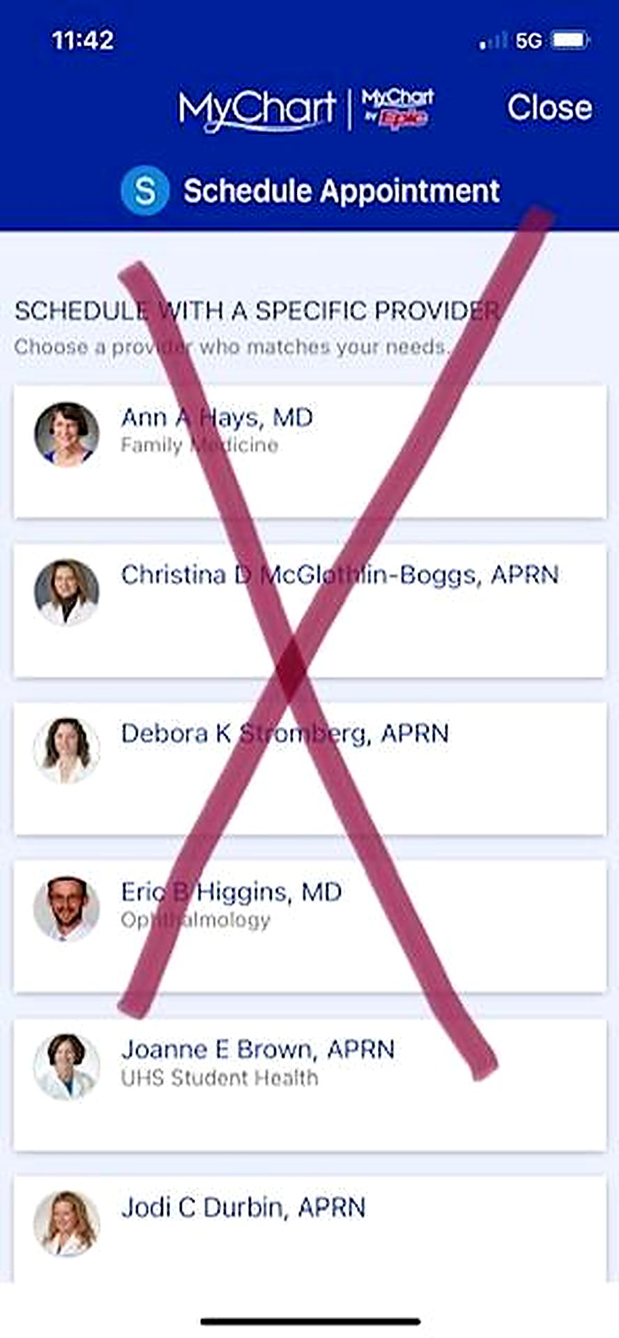 A mobile app screen titled “Schedule Appointment” displaying a list of providers with small profile photos and names. A large pink X is drawn over the list. 