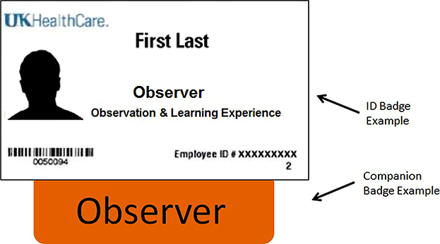 Sample UK HealthCare ID badge showing the observer name, role, and employee ID, displayed alongside an orange companion badge labeled 'Observer'.
