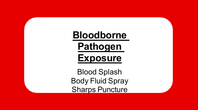 Red exposure packet cover for UK Students -  a red panel labeled Bloodborne Pathogen Exposure for UK students covering blood splash, body fluid spray, and sharps puncture