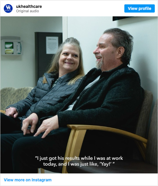 Screenshot of UK HealthCare's Instagram reel featuring Ronald Kelly. Ron was the first heart transplant patient at UK HealthCare to receive a heart transported via the Organ Care System (OCS), a medical device designed by Transmedics that gained first approval from the U.S. Food and Drug Administration in September 2021. Click the image to view the full reel.