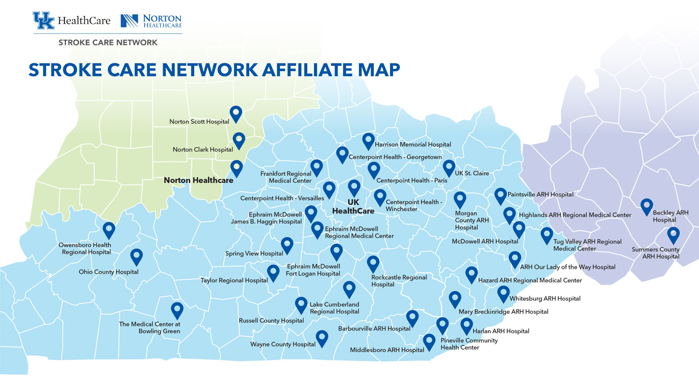 UK HealthCare Network Affiliate Map showing all the affiliate locations in Kentucky, West Virginia, and Indiana. Details about the affiliate locations which include city, county, and state can be found in the Stroke Care Network Affiliates section below this map.