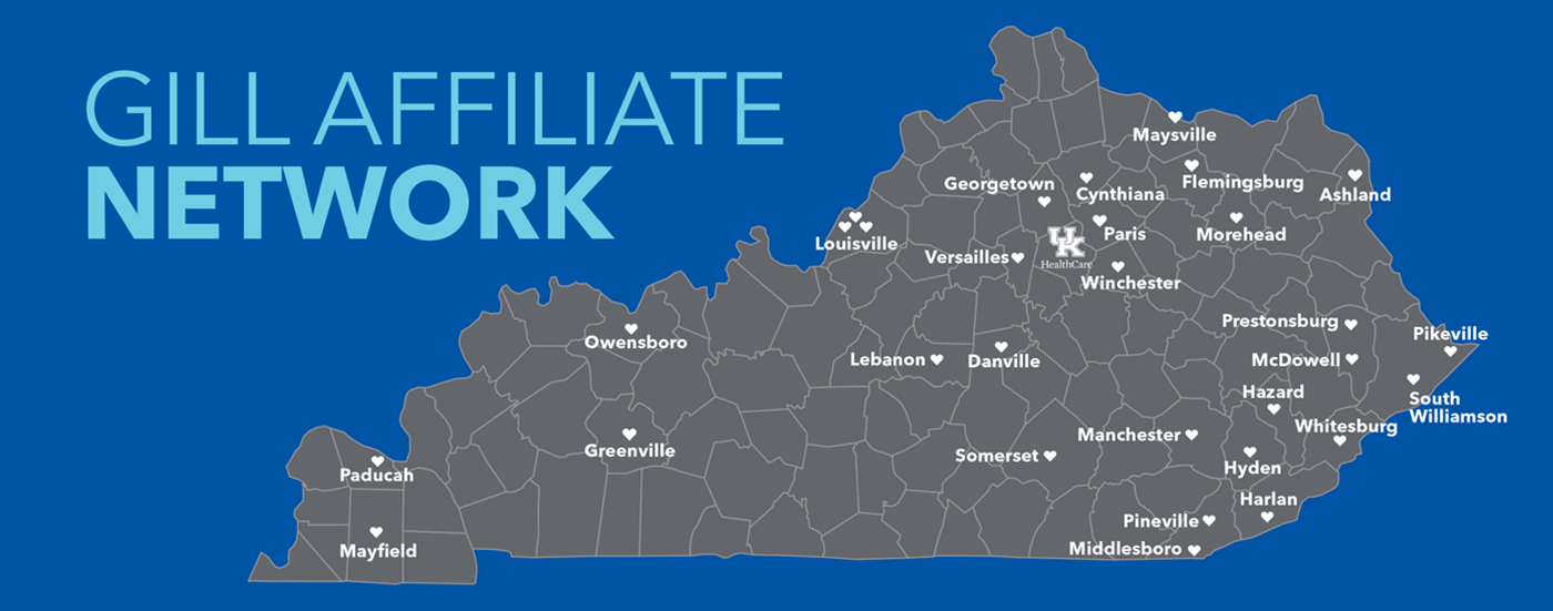 A map of Kentucky showing the Gill Affiliate Network locations across the state. More detailed information and links to affiliate sites can be found below the map under the Affiliate Sites heading.