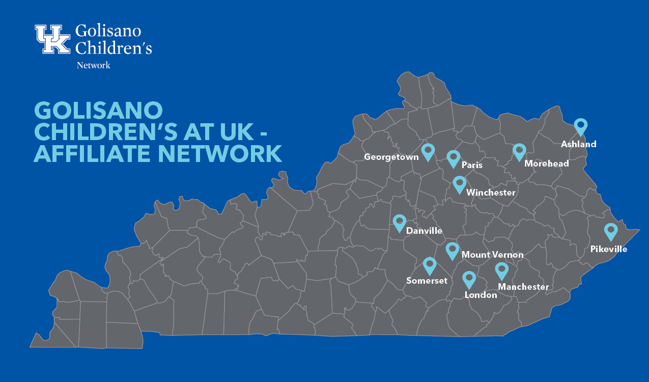 A map of Kentucky showing Golisano Children's at UK - Affiliate Network locations across the state. 