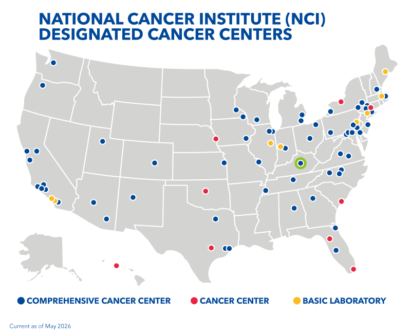 Map of NCI-designated centers across the United States.