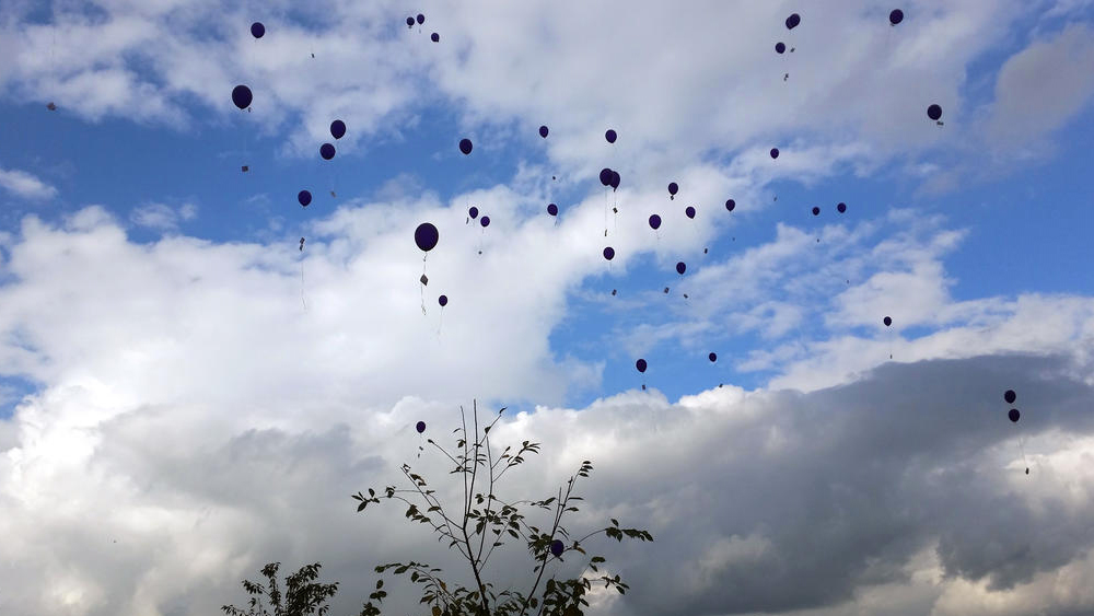 Dozens of balloons are seen floating in the air.