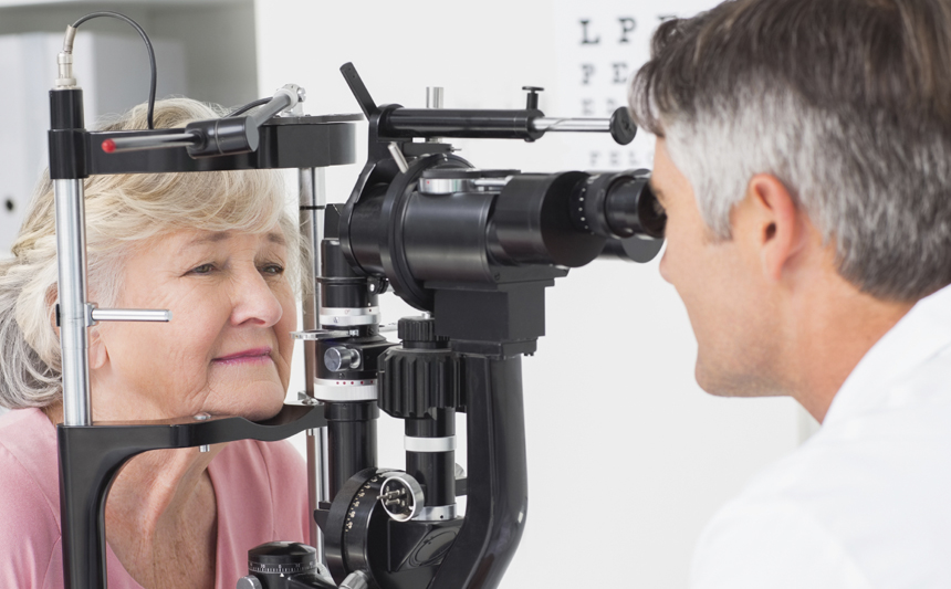 A woman having her eyes examined.