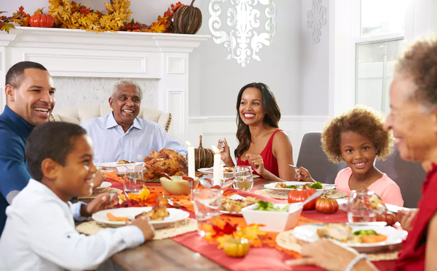 A family celebrates Thanksgiving.