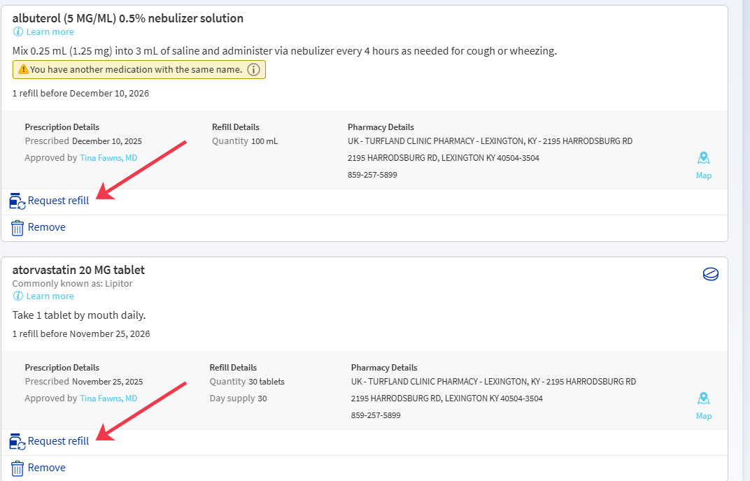 Step 2 screenshot to request refills in MyChart