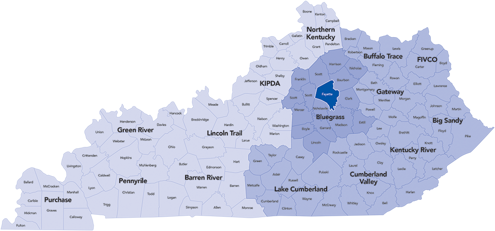 Map of Kentucky highlighting the different regions.