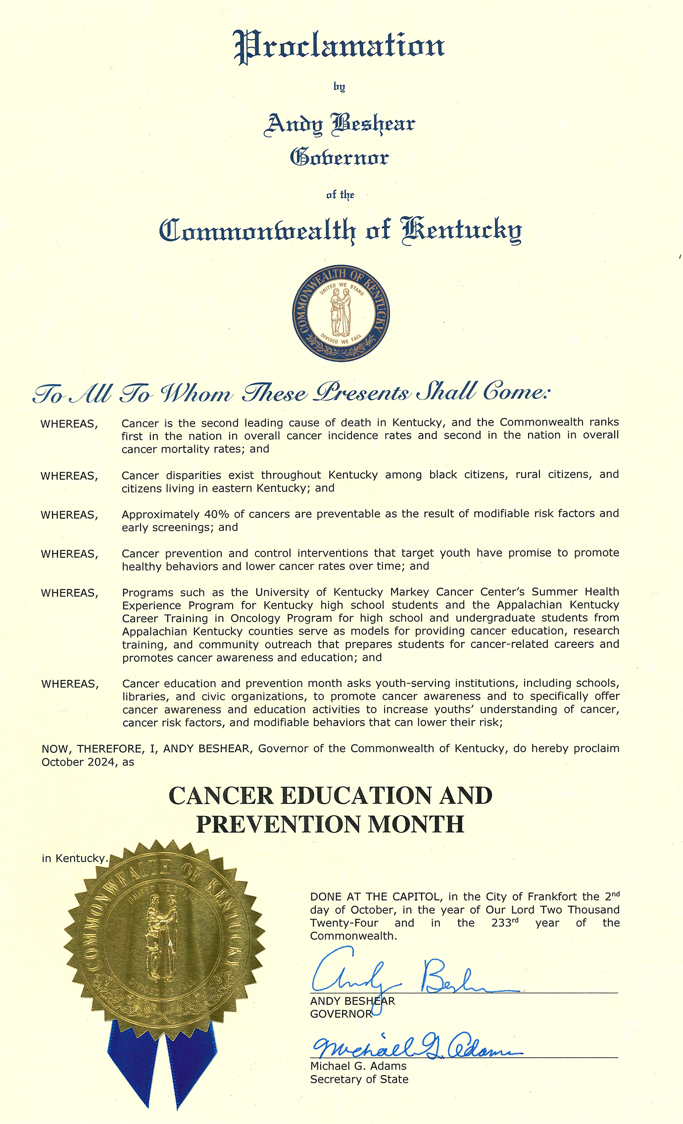 Cancer Education and Prevention Proclamation