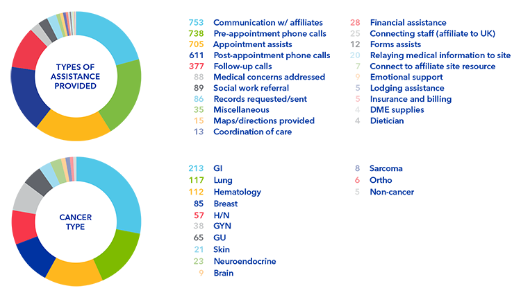 The top chart, labeled “Types of Assistance Provided,” shows the relative distribution of different assistance categories and how those services connect to cancer types. The bottom chart, labeled “Cancer Type,” shows the distribution of cancer types and their connections to categories of assistance received. Colored bands of varying widths represent the volume of interactions across categories.