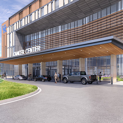 The entrance to the new UK Cancer and Advanced Ambulatory Building will be a convenient and welcoming place for patients and caregivers. Rendering by HGA Architects
