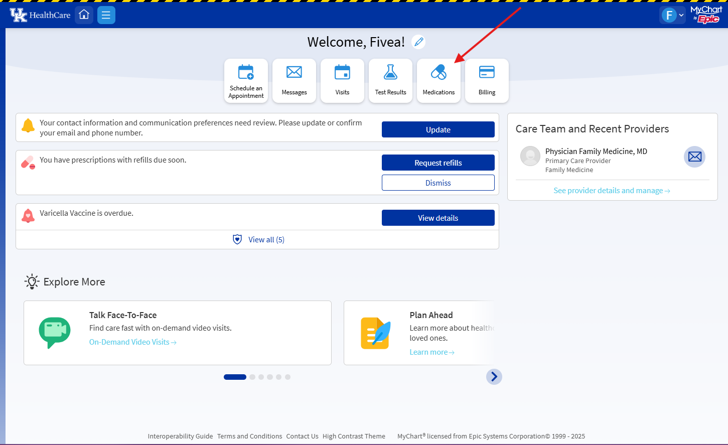 Step 1 screenshot to request refills in MyChart