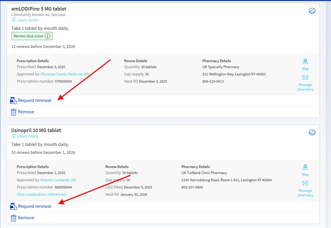 Step 2 screenshot to request refills in MyChart