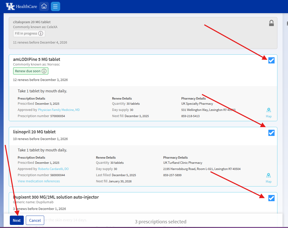 Step 3 screenshot to request refills in MyChart