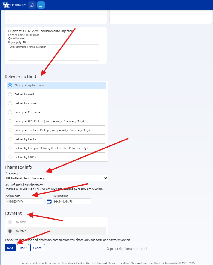Steps 4-8 screenshot to request refills in MyChart