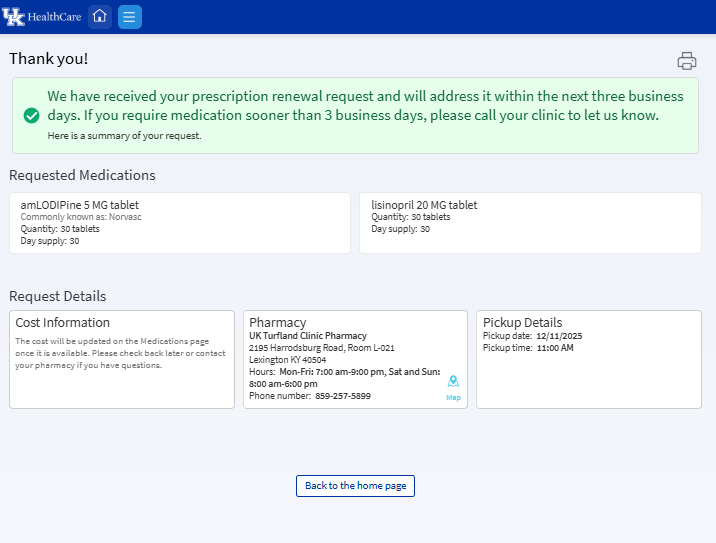 Final screenshot to request refills in MyChart