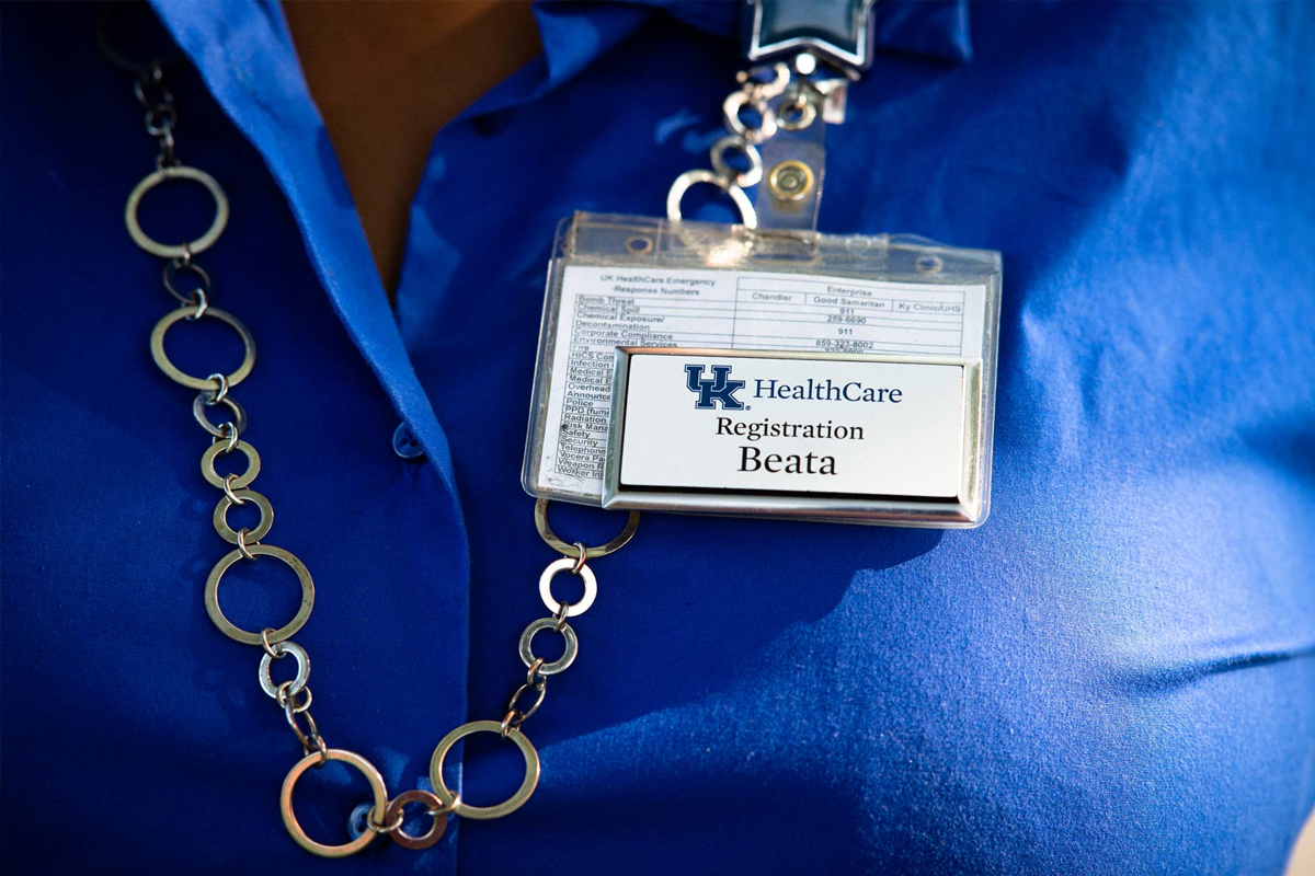 Beata Pickens' employee ID badge.