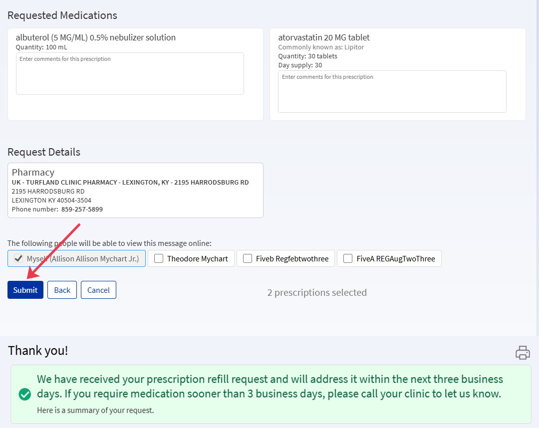 Final screenshot to request refills in MyChart