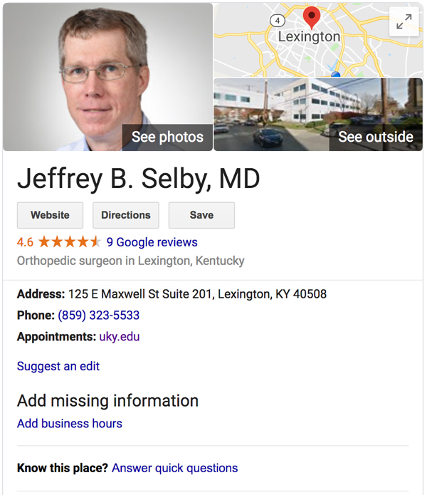 Screen capture example of Google local search result for Jeffrey B. Selby, MD