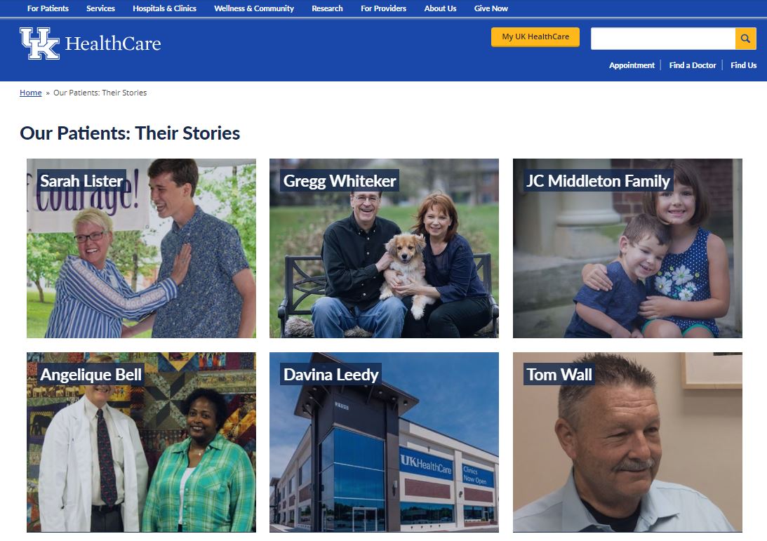 Patient stories landing page showing images and text.