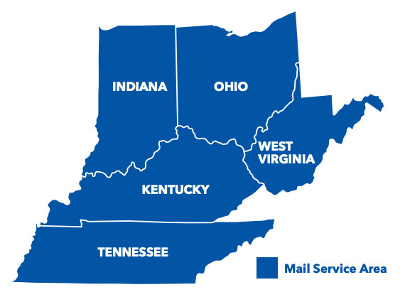 Specialty pharmacy mail service area, including Indiana, Ohio, West Virginia, Kentucky and Tennessee.