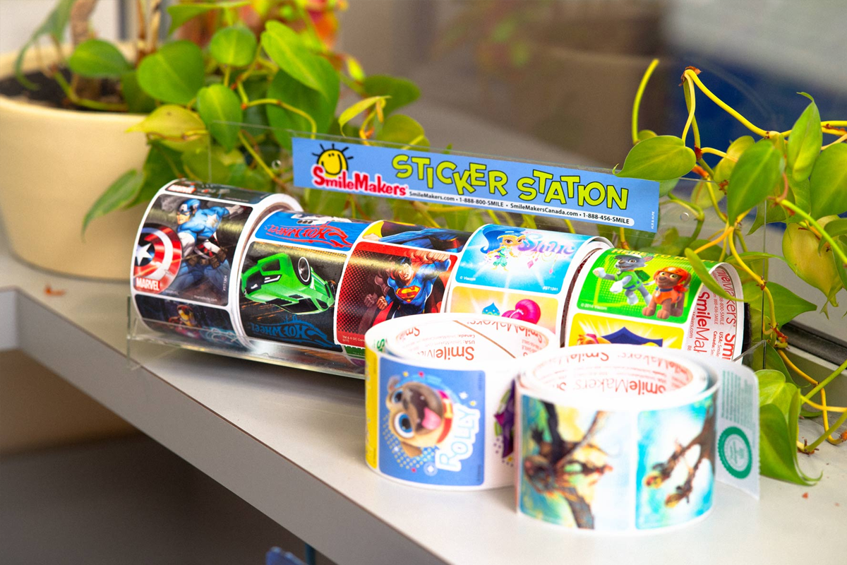 Rolls of colorful stickers for children.