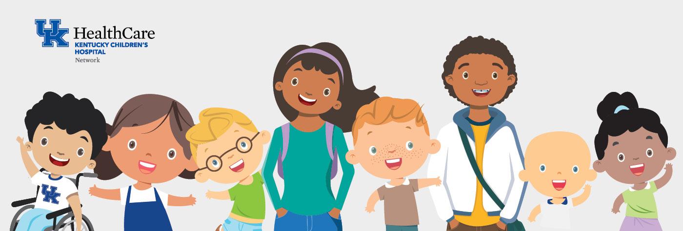 An illustration of a diverse group of smiling children. In the upper left corner, there's a logo that reads: UK HealthCare Kentucky Children's Hospital Affiliate Network.