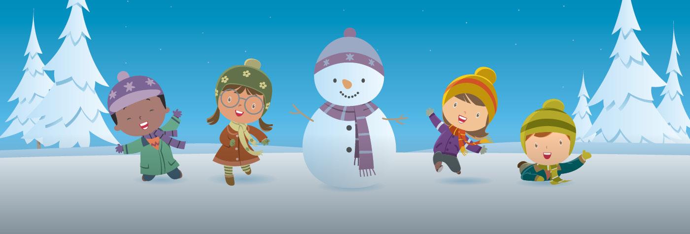 A cartoon image of four smiling children standing on either side of a snowman. 