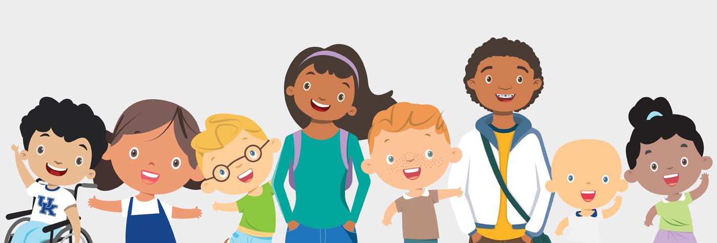 Cartoonish illustration of a diverse group of children of various ages.